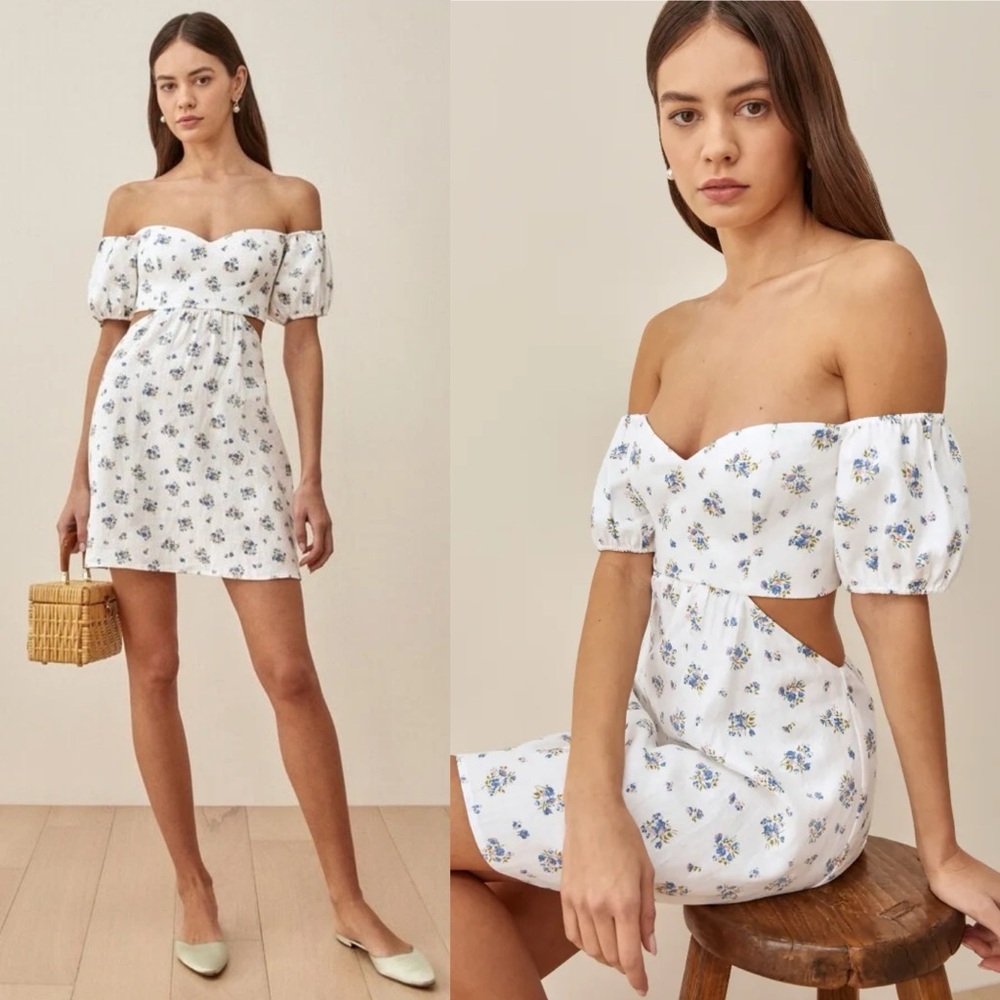 NWT Reformation Emilia Linen Off Shoulder Floral Cutout Mini Dress